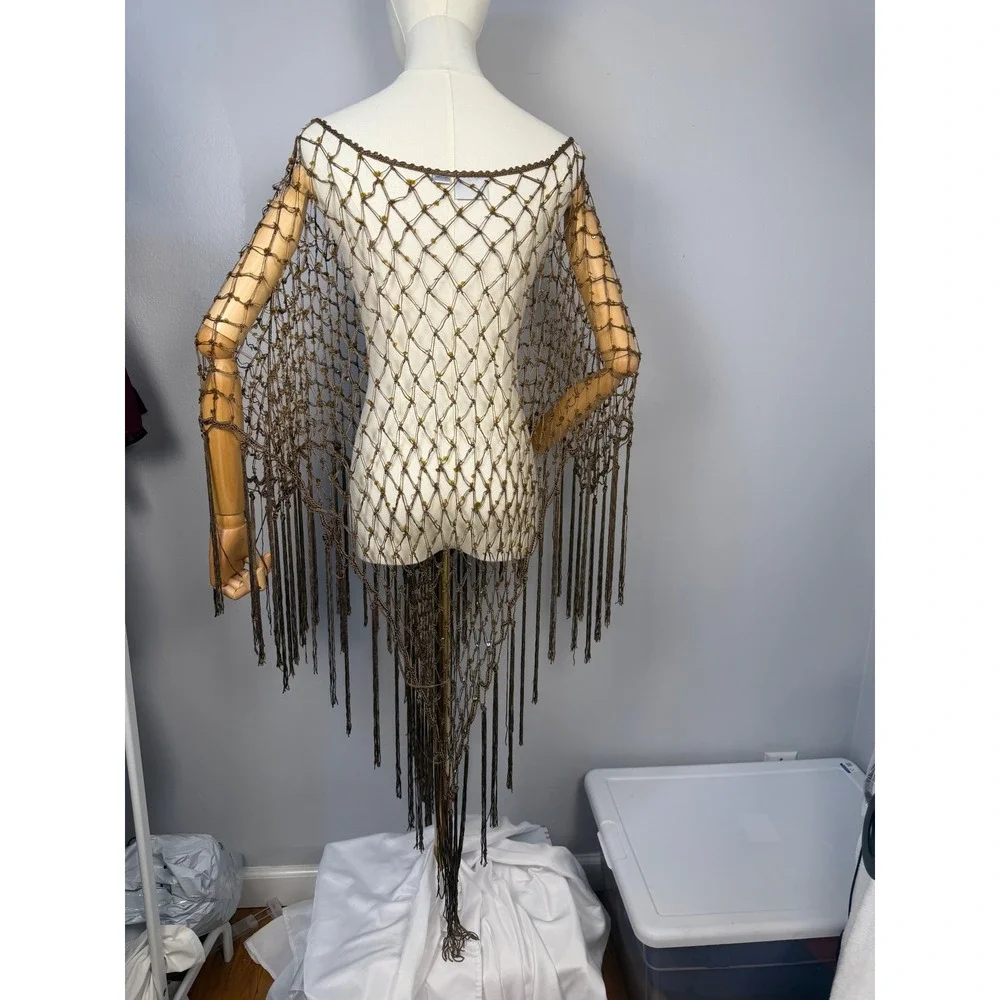 Chico's Beaded Net Poncho OS Boho Dark Fairy Fringe Festival Layering Piece